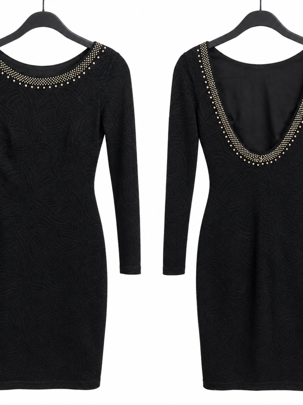 Black Studded Scoop-Back Long-Sleeve Mini Dress